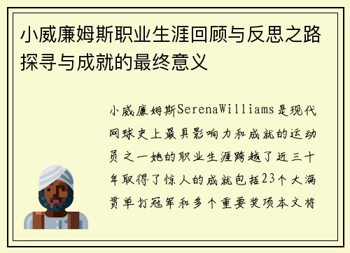 小威廉姆斯职业生涯回顾与反思之路探寻与成就的最终意义