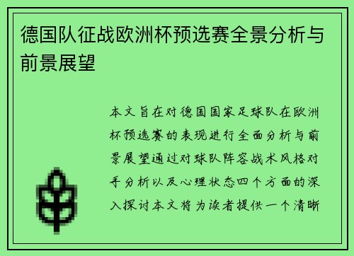 德国队征战欧洲杯预选赛全景分析与前景展望